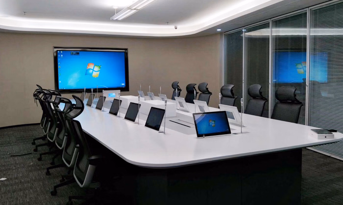 Conference room with discussion microphones and projection